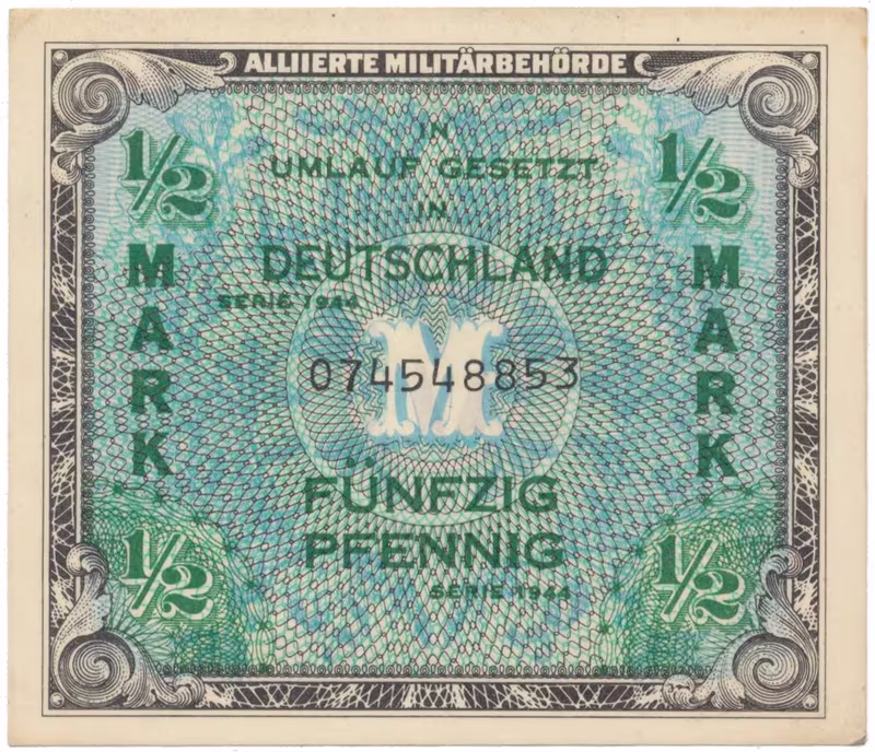 Okupační poukázky Allierte, 1/2 Mark 1944, tisk USA, 9-místný číslovač, Hej.AM1a