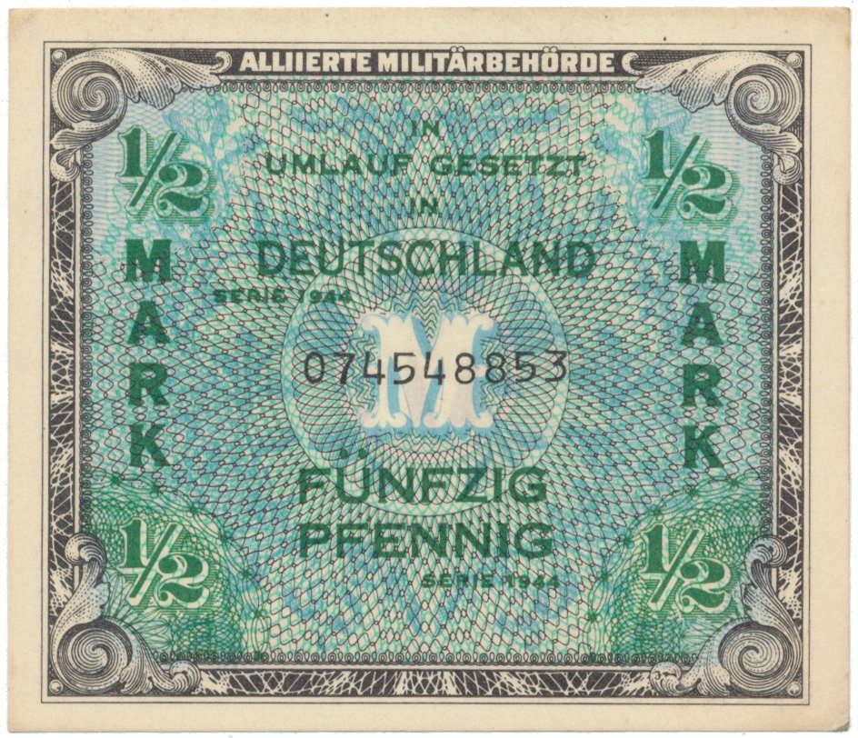 Okupační poukázky Allierte, 1/2 Mark 1944, tisk USA, 9-místný číslovač, Hej.AM1a