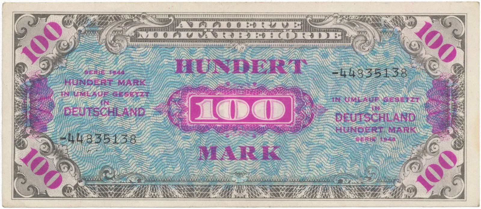 Okupační poukázky Allierte, 100 Mark 1944, tisk SSSR, Hej.AM7d