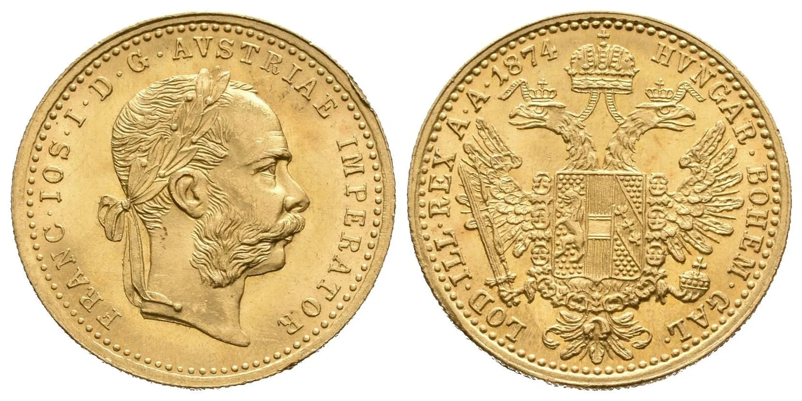 Dukát 1874, krásná zachovalost, ražební lesk, nep. rysky, hranka — 1