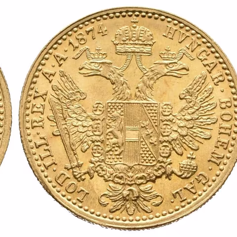 Dukát 1874, krásná zachovalost, ražební lesk, nep. rysky, hranka