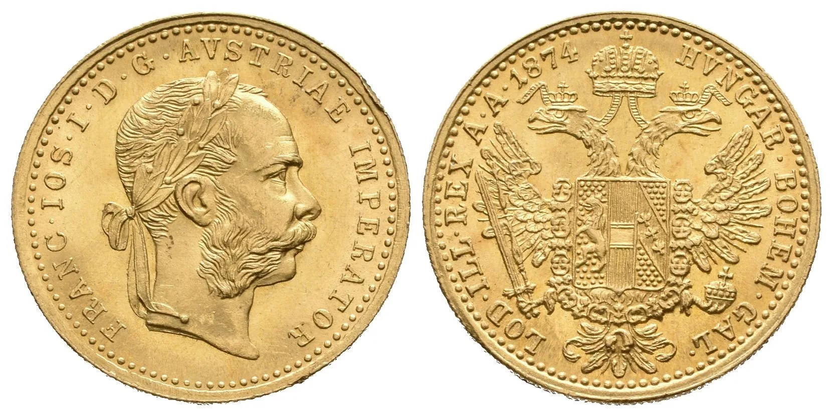 Dukát 1874, krásná zachovalost, ražební lesk, nep. rysky, hranka — 1