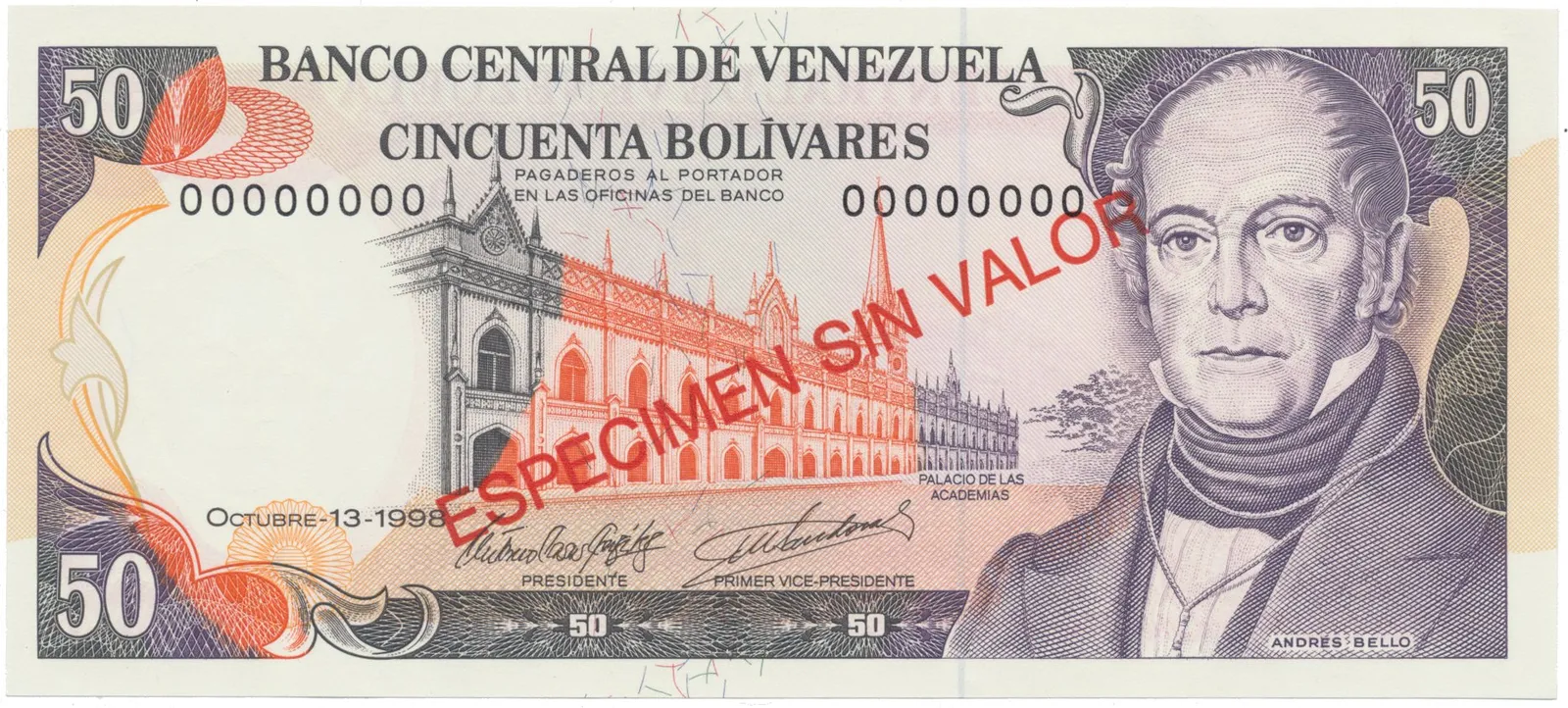 Venezuela, 50 Bolivares 1998, anulát - ESPECIMEN SIN VALOR, P.65gs