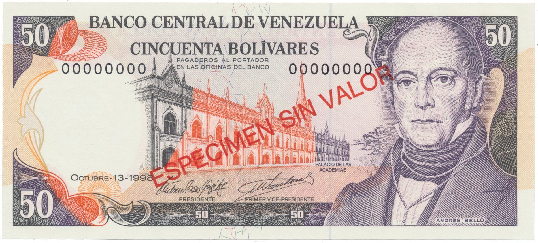 Venezuela, 50 Bolivares 1998, anulát - ESPECIMEN SIN VALOR, P.65gs