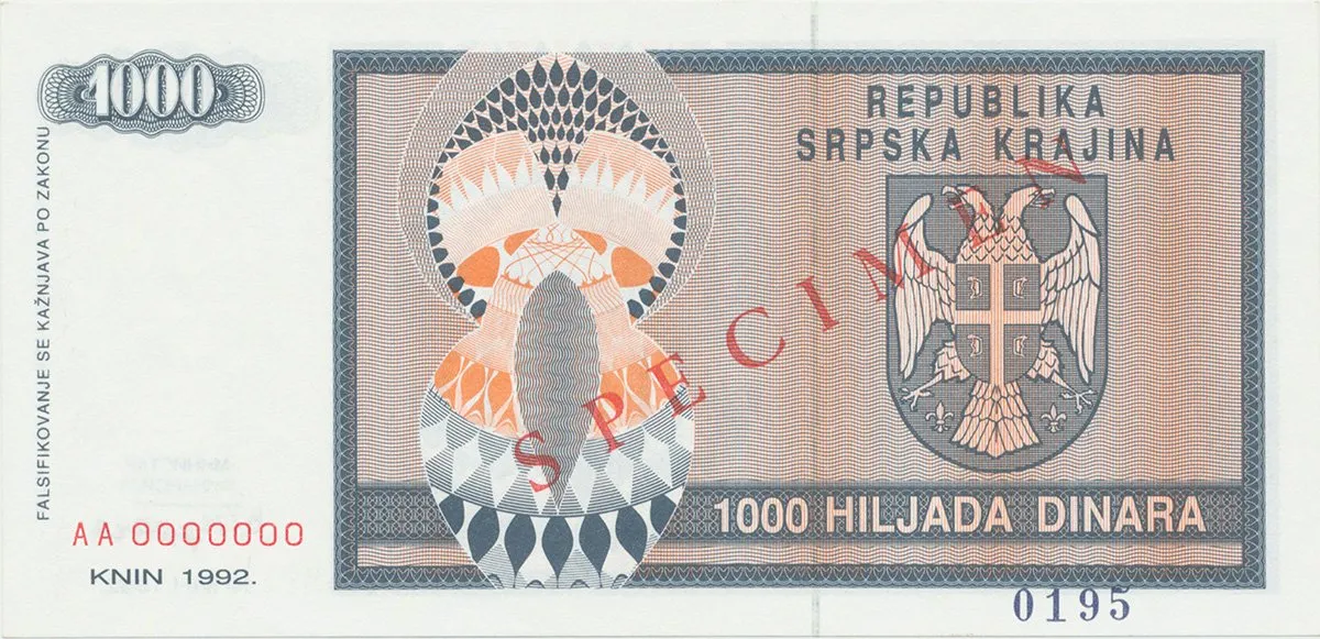 Chorvatsko, 1000 Dinara 1992, anulát - SPECIMEN, P.R5s