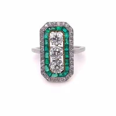 Luxusní platinový prsten s diamanty a smaragdy | Art deco | Československo 1930 | znalecký posudek
