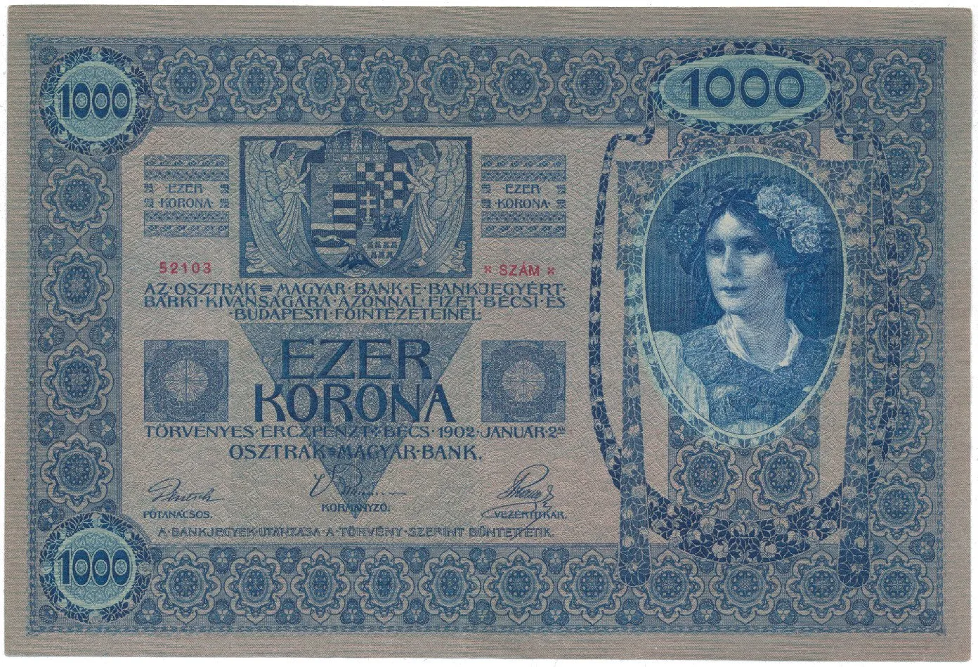 Rakousko - Uhersko, 1000 Koruna 1902, podtisk šedorůžový, bez přetisku, Hej.RU5b