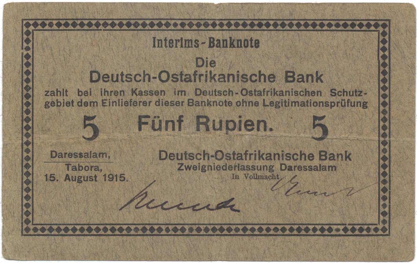 Německá Východní Afrika, 5 Rupien 15. 8. 1915, série C, R.910i
