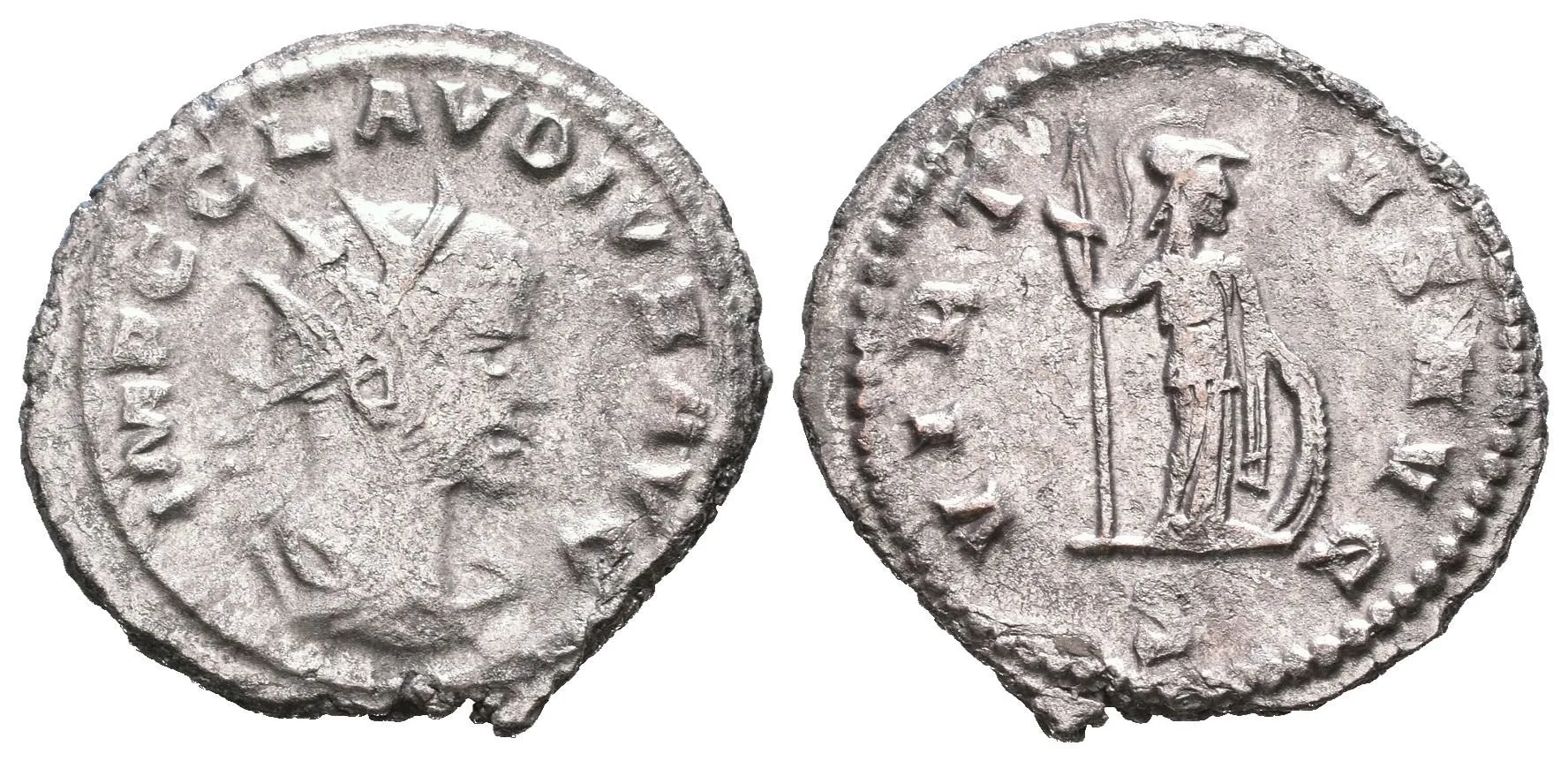 AE Antoninian, Antiochia, Rv: VIRTVS AVG, stojící Mars zleva drží oštěp, přidržuje — 1