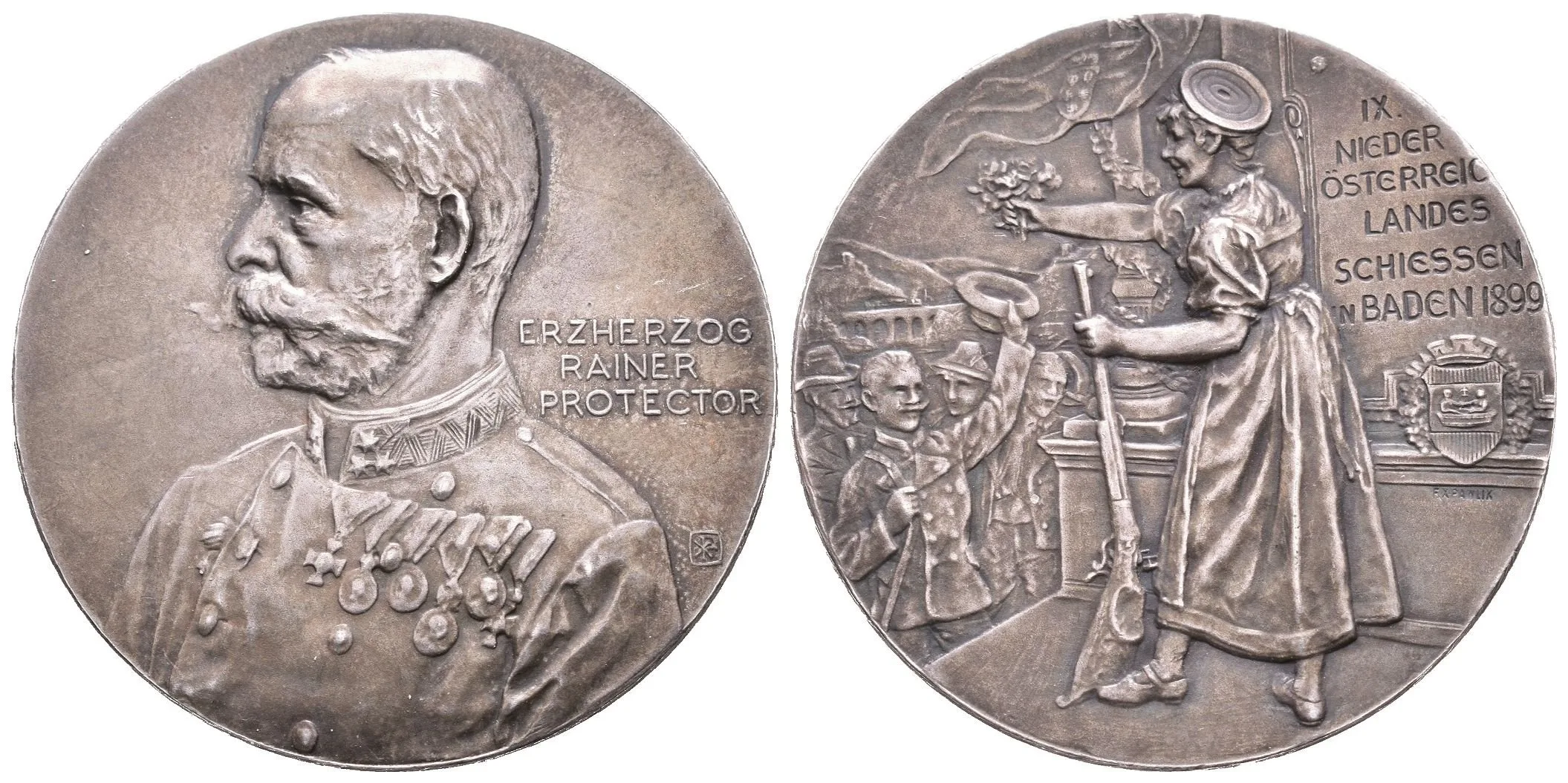 AR Medaile 1899 (F. Pawlik) - IX. dolnorakouské zemské střelby v Badenu. Poprsí — 1