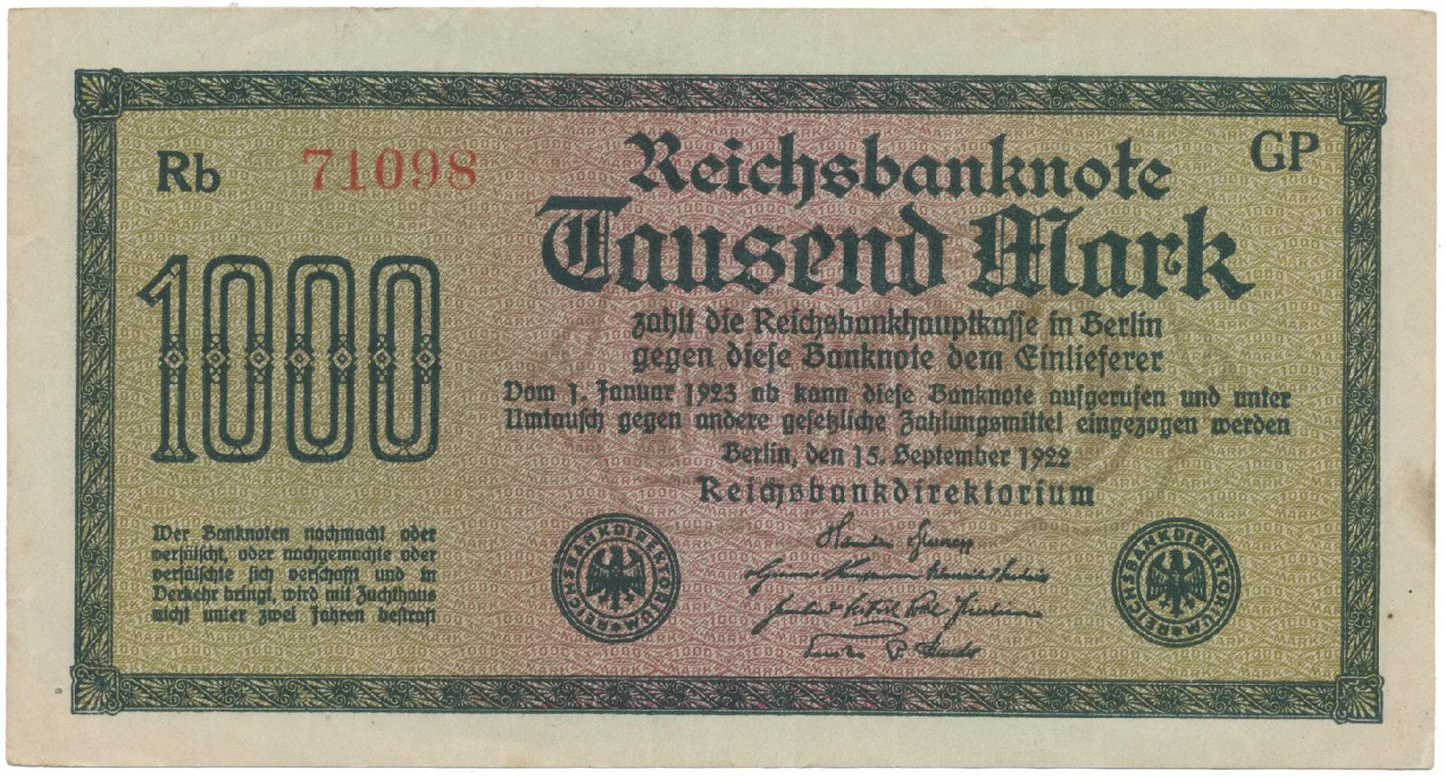 Německo, 1000 Mark 1922, vod. Wellen, vzácné 5-místné číslo, Ro.75p