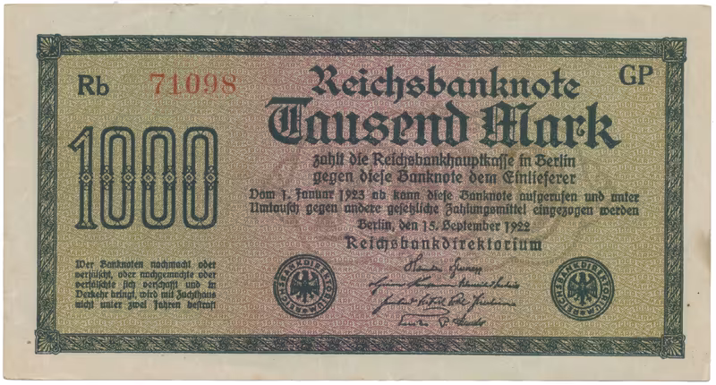 Německo, 1000 Mark 1922, vod. Wellen, vzácné 5-místné číslo, Ro.75p