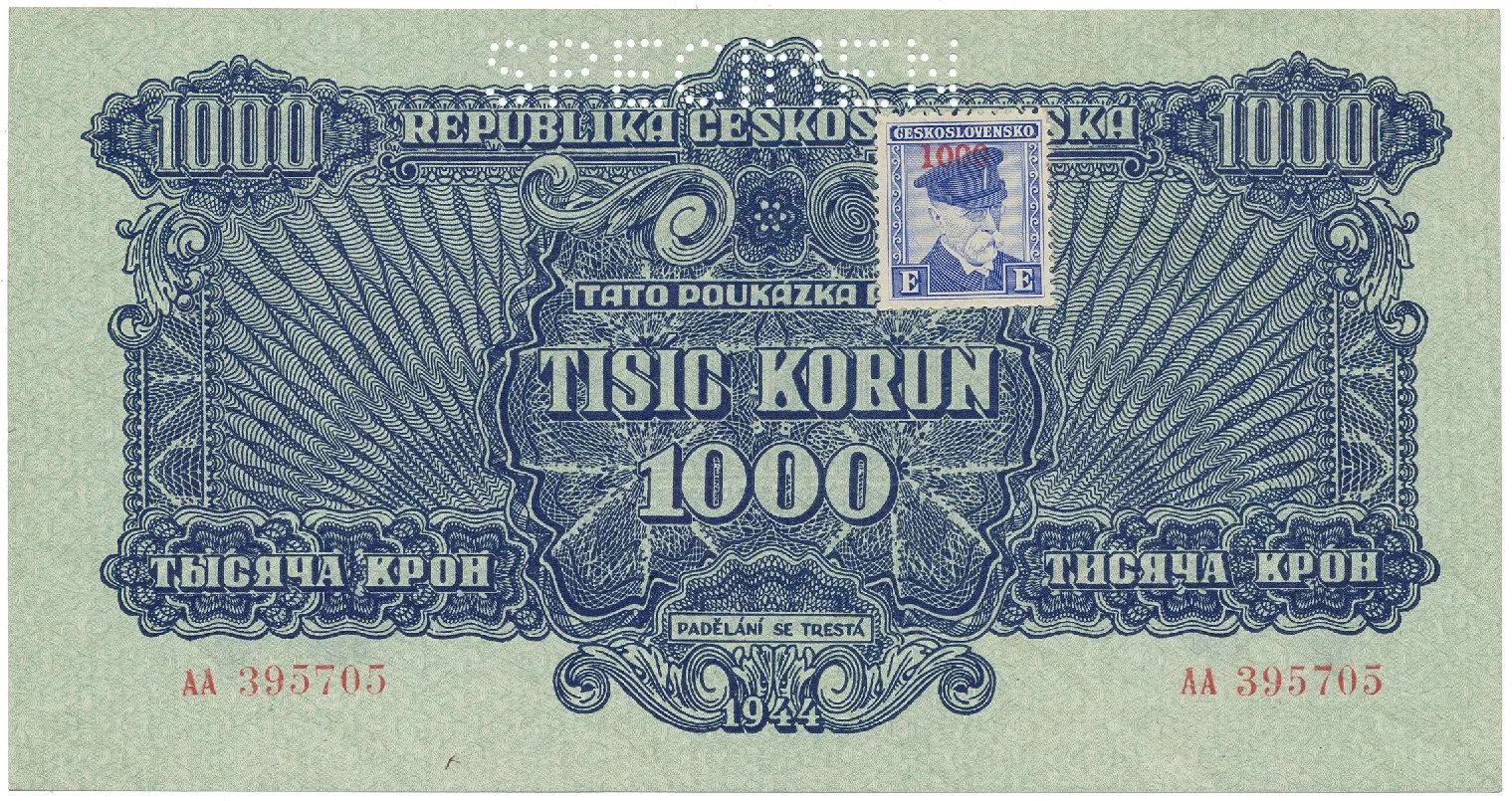 1000 Koruna 1944/1945, kolkovaná, SPECIMEN, Hej.68a.S1