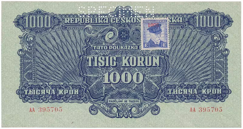 1000 Koruna 1944/1945, kolkovaná, SPECIMEN, Hej.68a.S1