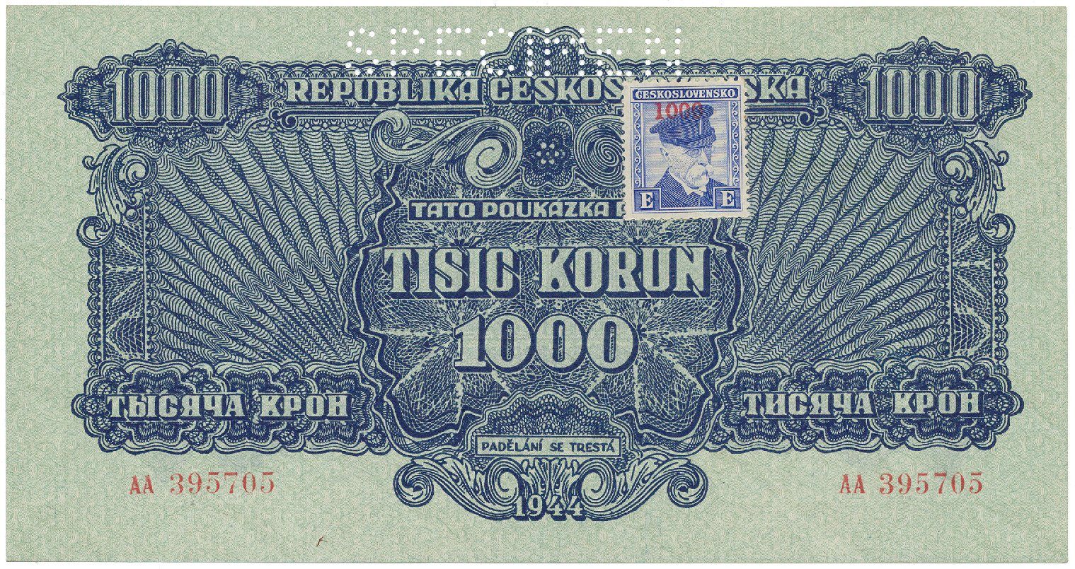1000 Koruna 1944/1945, kolkovaná, SPECIMEN, Hej.68a.S1