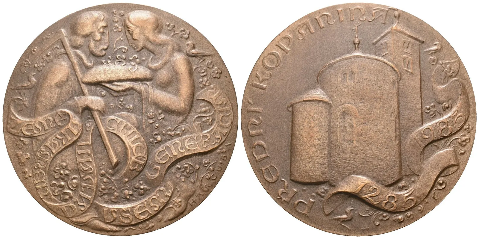 AE Medaile 1985 - 700.výročí založení Přední kopaniny. Bronz 59 mm — 1