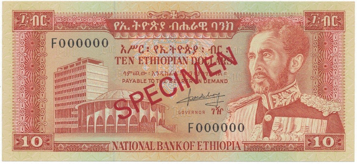 Etiopie, 10 Dollars (1966), anulát - SPECIMEN, P.27s