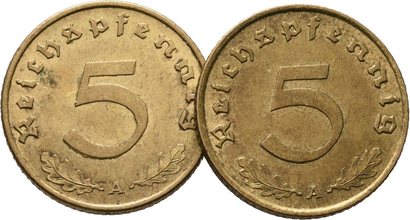 III. říše, 5 Pfennig 1939 A, lot 2 ks