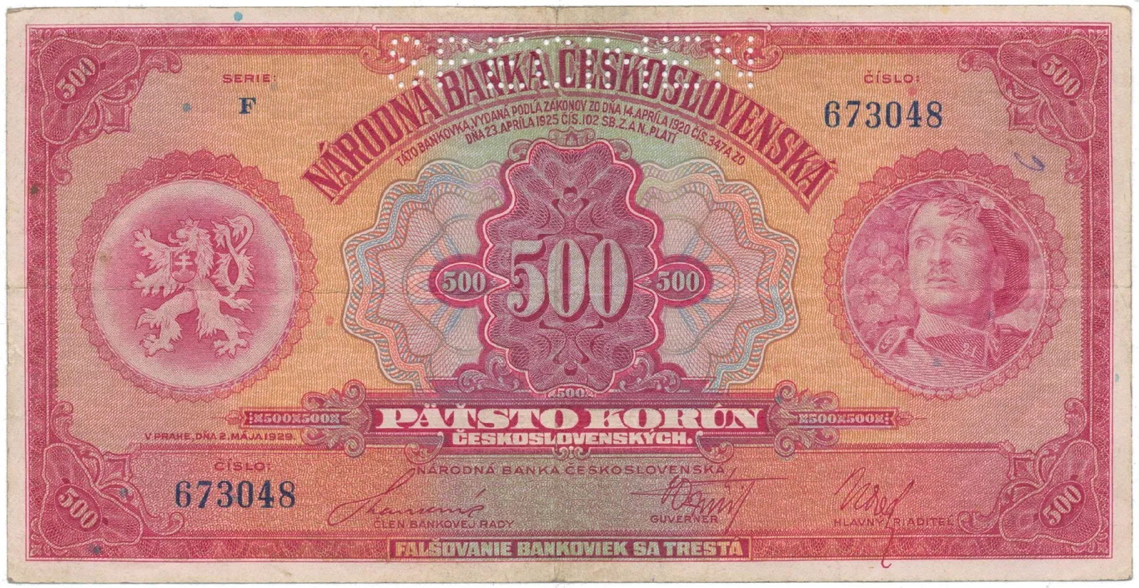 500 Koruna 1929, série F, SPECIMEN, Hej.23c.S1