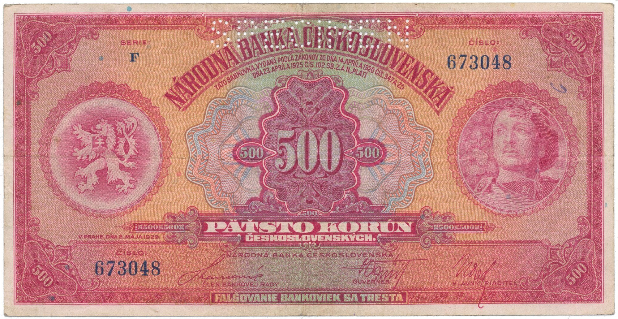500 Koruna 1929, série F, SPECIMEN, Hej.23c.S1