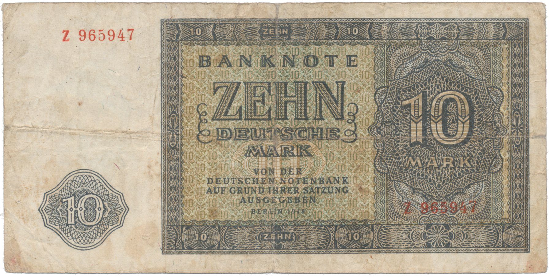 Německo - NDR, 10 DM 1948, tisk SSSR, série Z, 6-místný číslovač, Ros.343a