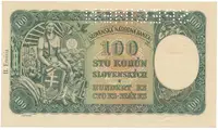 Československo, 100 Koruna 1940/1945, II. vydání, kolkovaná, série s 1 číslem, perf. 1x SPECIMEN nahoře, Hej.63a1.S1 - fotografie 2