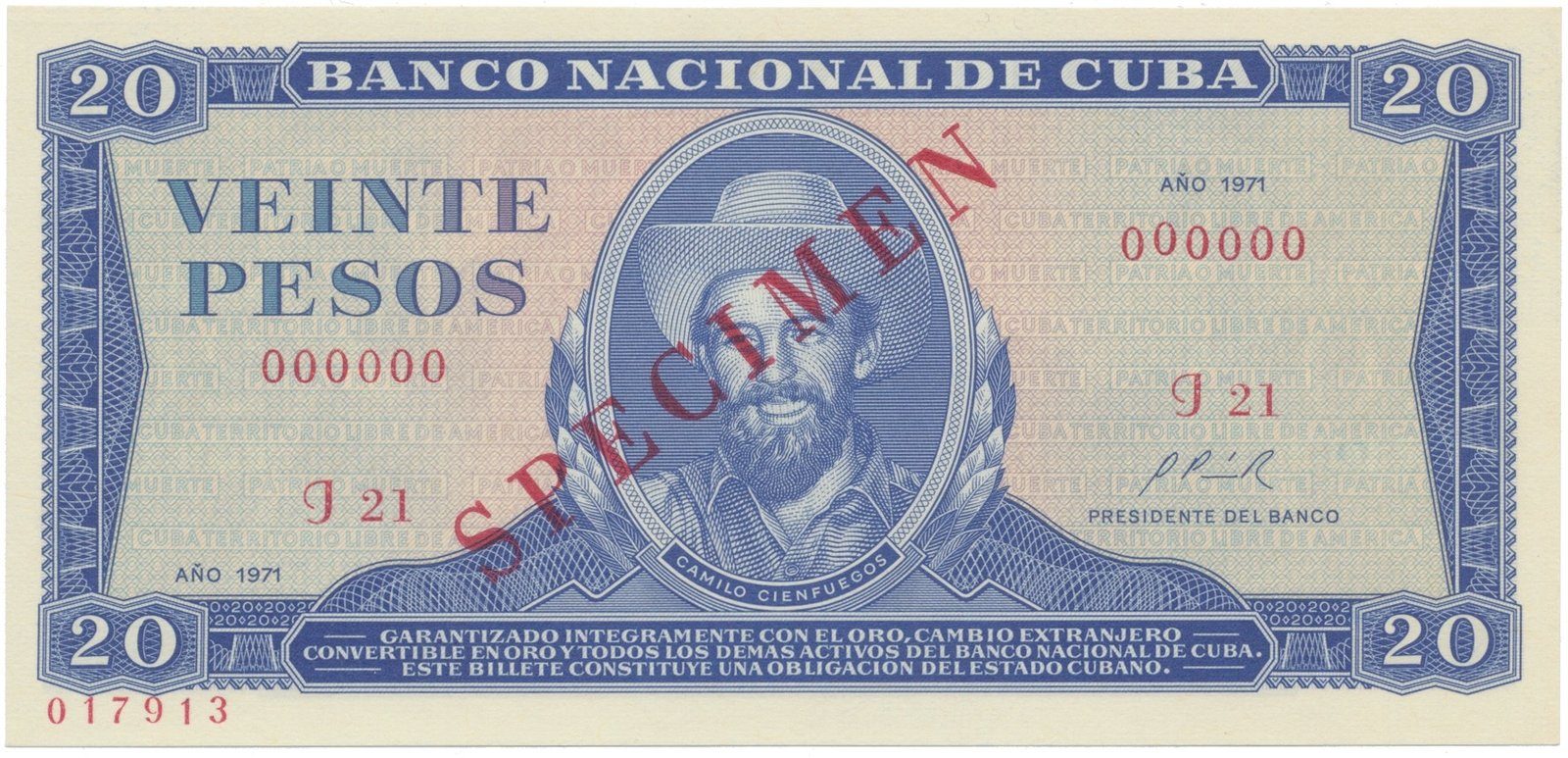 Kuba, 20 Pesos 1971, tisk STC Praha, anulát - SPECIMEN, bankovní vzor, P.105as