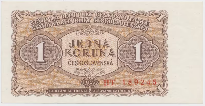 Československo, 1 Koruna 1953, tisk Praha, série HT, Hej.89b1
