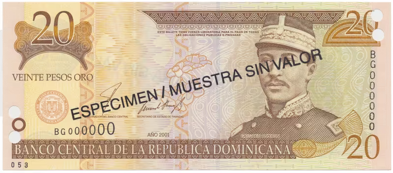 Dominikánská republika, 20 Pesos Oro 2001, P.166s2