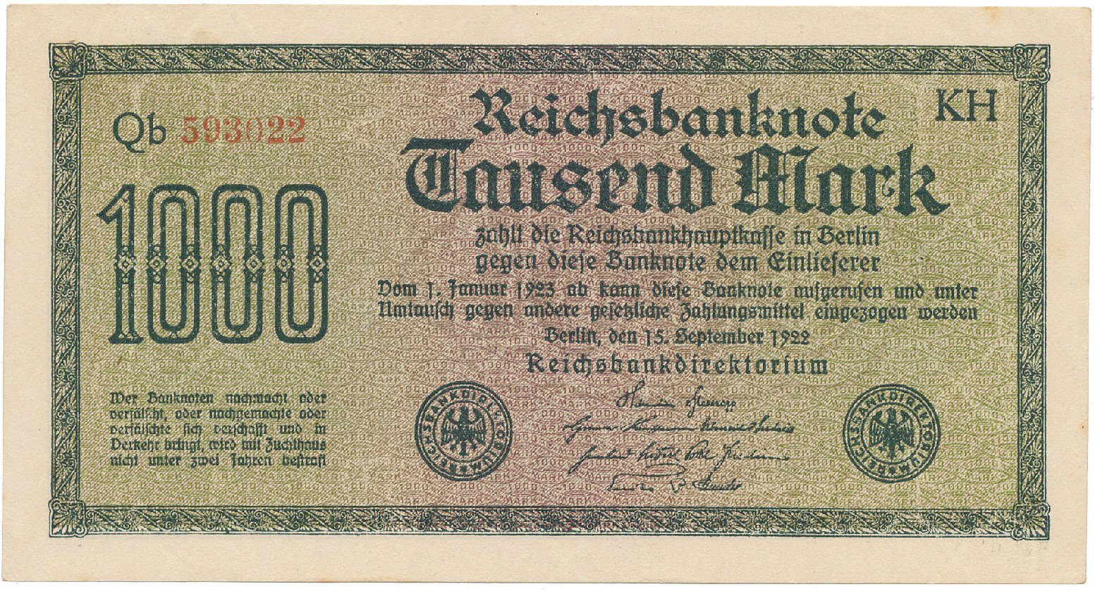 Německo, 1000 Mark 1922, vod. Achterstreifen, Ro.75o