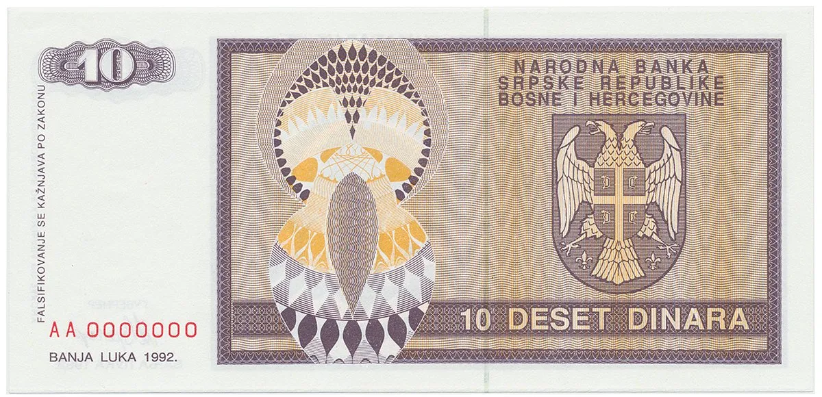 Bosna a Hercegovina, 10 Dinara 1992, anulát, AA 0000000, P.133