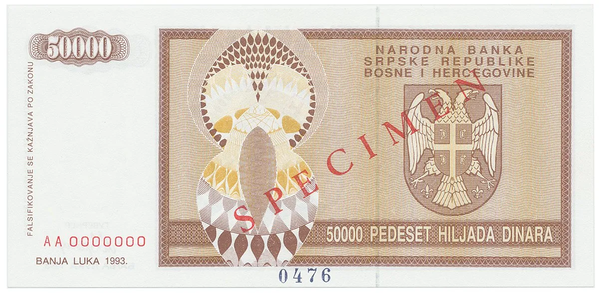 Bosna a Hercegovina, 50.000 Dinara 1993, bankovní vzor, AA 0000000, přet. SPECIMEN, P.140s