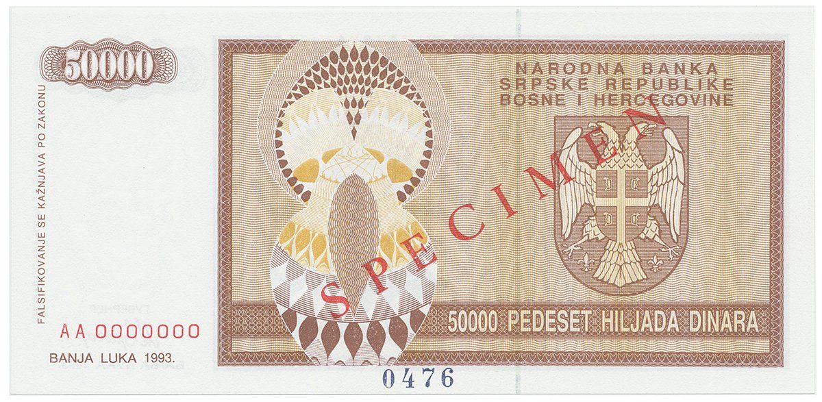 Bosna a Hercegovina, 50.000 Dinara 1993, bankovní vzor, AA 0000000, přet. SPECIMEN, P.140s
