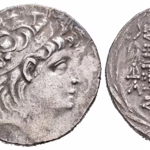 Tetradrachma, Hlava Antiocha s diadémem zprava / Stojící Zeus zprava drží hvězdu
