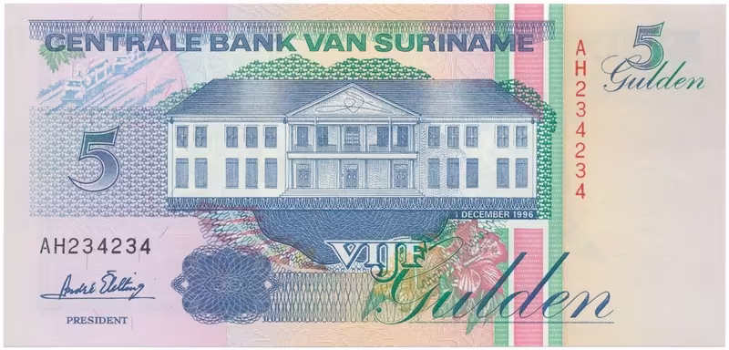 Surinam, 5 Gulden 1995~1998, P.136b