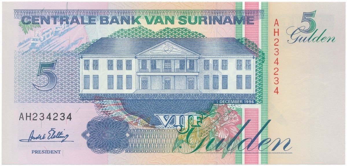 Surinam, 5 Gulden 1995~1998, P.136b