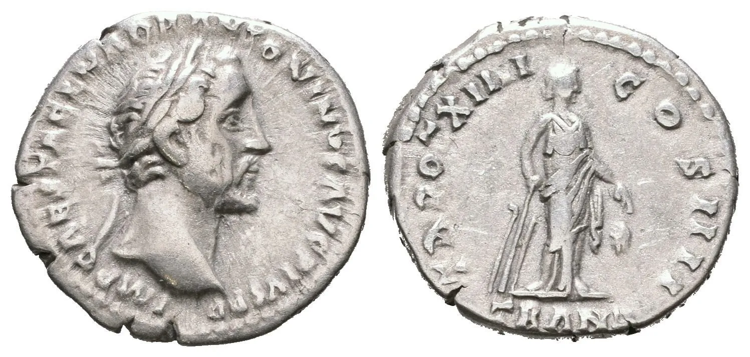 Denár, 150 - 151, Rv: TR POT XIIII COS IIII, v exe. TRANQ — 1