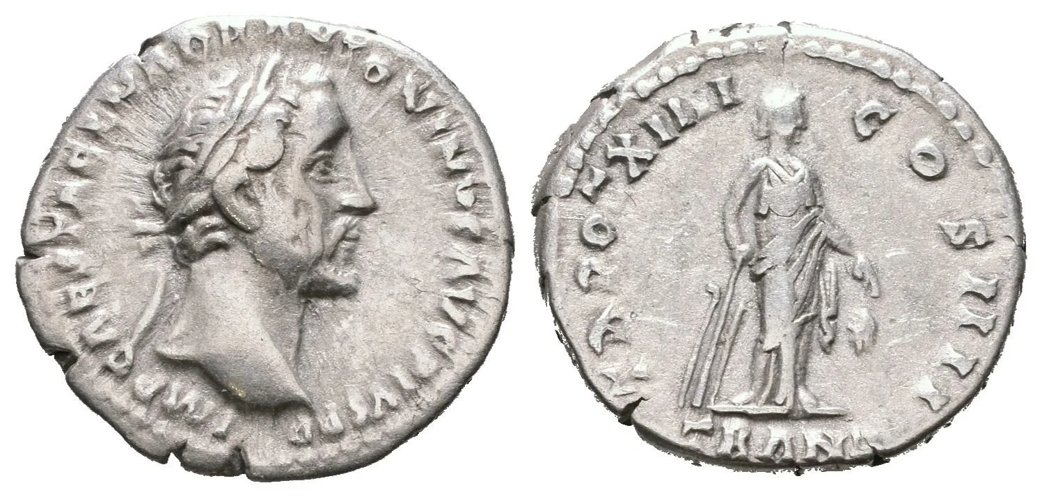 Denár, 150 - 151, Rv: TR POT XIIII COS IIII, v exe. TRANQ — 1