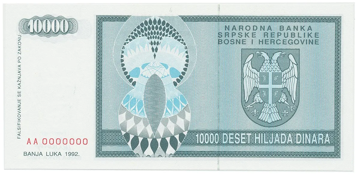 Bosna a Hercegovina, 10.000 Dinara 1992, anulát, AA 0000000, P.139