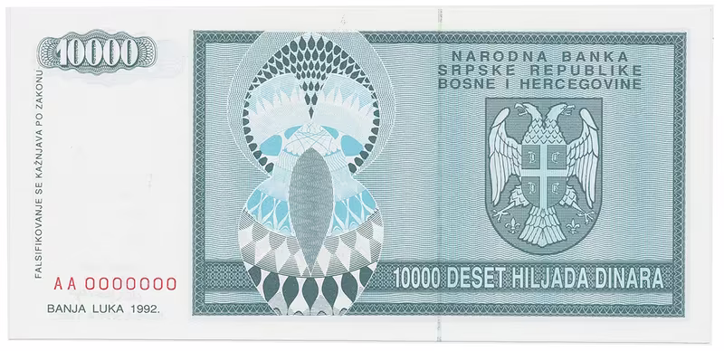 Bosna a Hercegovina, 10.000 Dinara 1992, anulát, AA 0000000, P.139