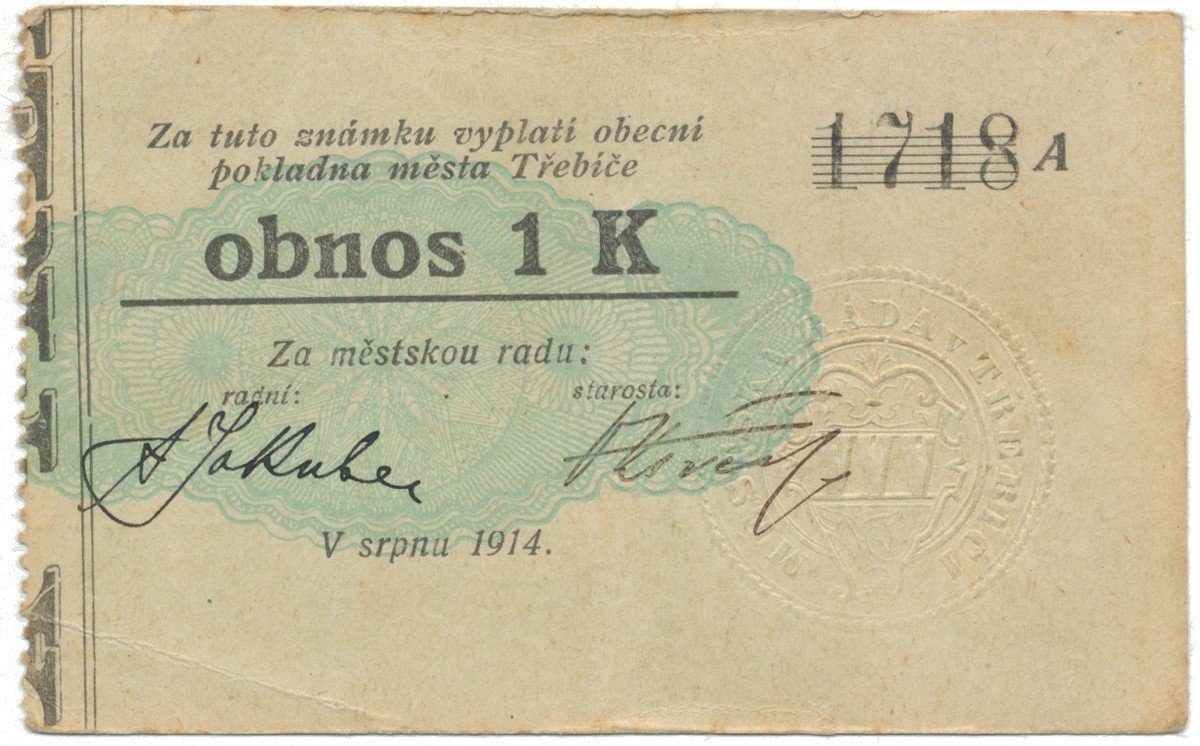 Třebíč - město, 1 K srpen 1914, silnější K, bez "Čís.", HH.223.5.6b2