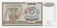 Bosna a Hercegovina, 5 Miliona Dinara 1993, bankovní vzor, AA 0000000, přet. SPECIMEN, P.143s - fotografie 2