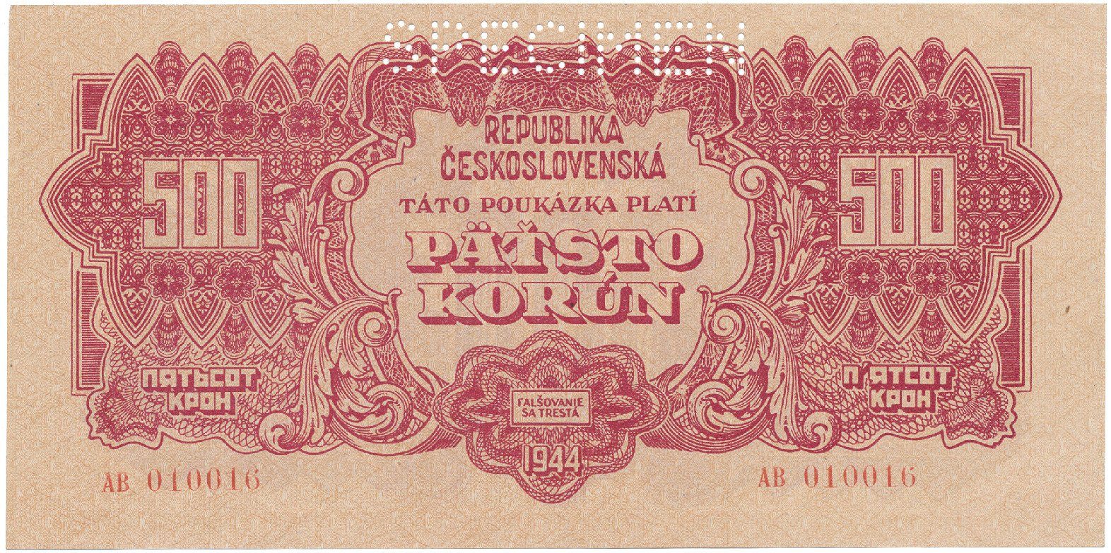 500 Koruna 1944, SPECIMEN, Hej.60a.S1