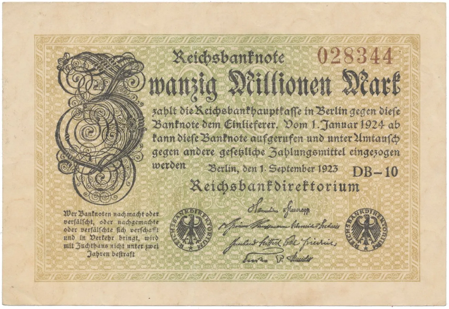 Německo, 20 Millionen Mark 1923, Ro.107a