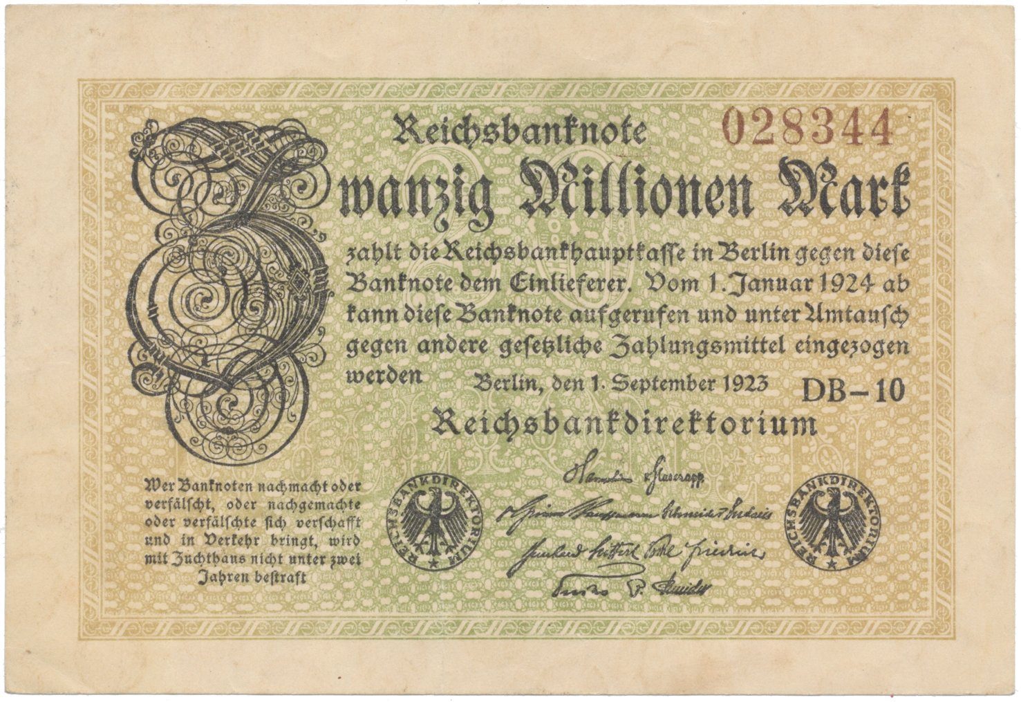 Německo, 20 Millionen Mark 1923, Ro.107a