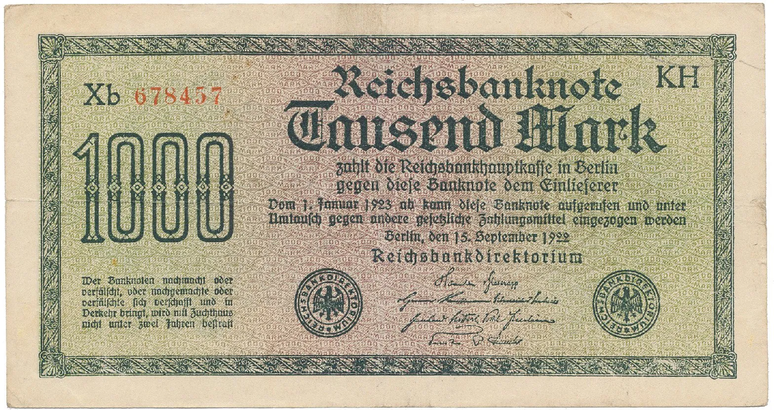 Německo, 1000 Mark 1922, vod. Achterstreifen, Ro.75o
