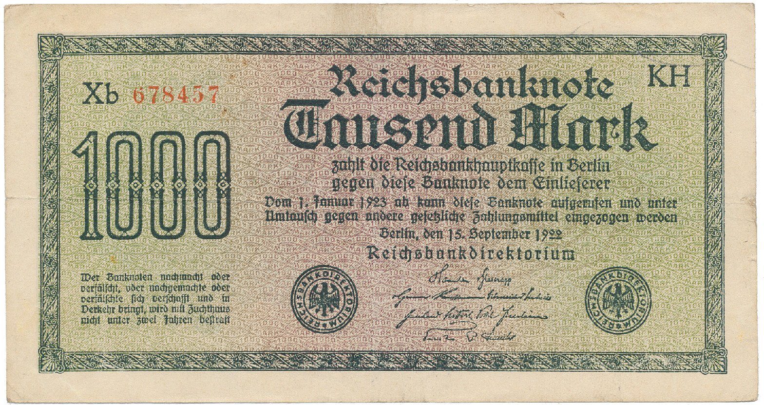 Německo, 1000 Mark 1922, vod. Achterstreifen, Ro.75o