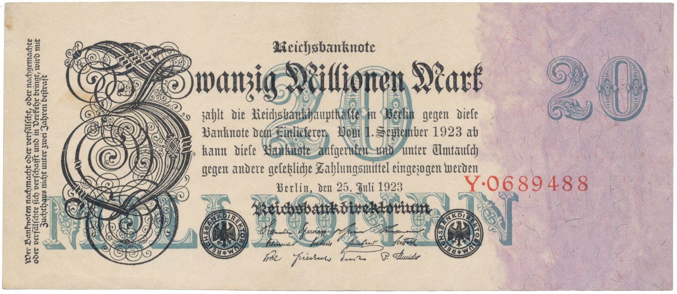Německo, 20 Millionen Mark 1923, Ro.96a