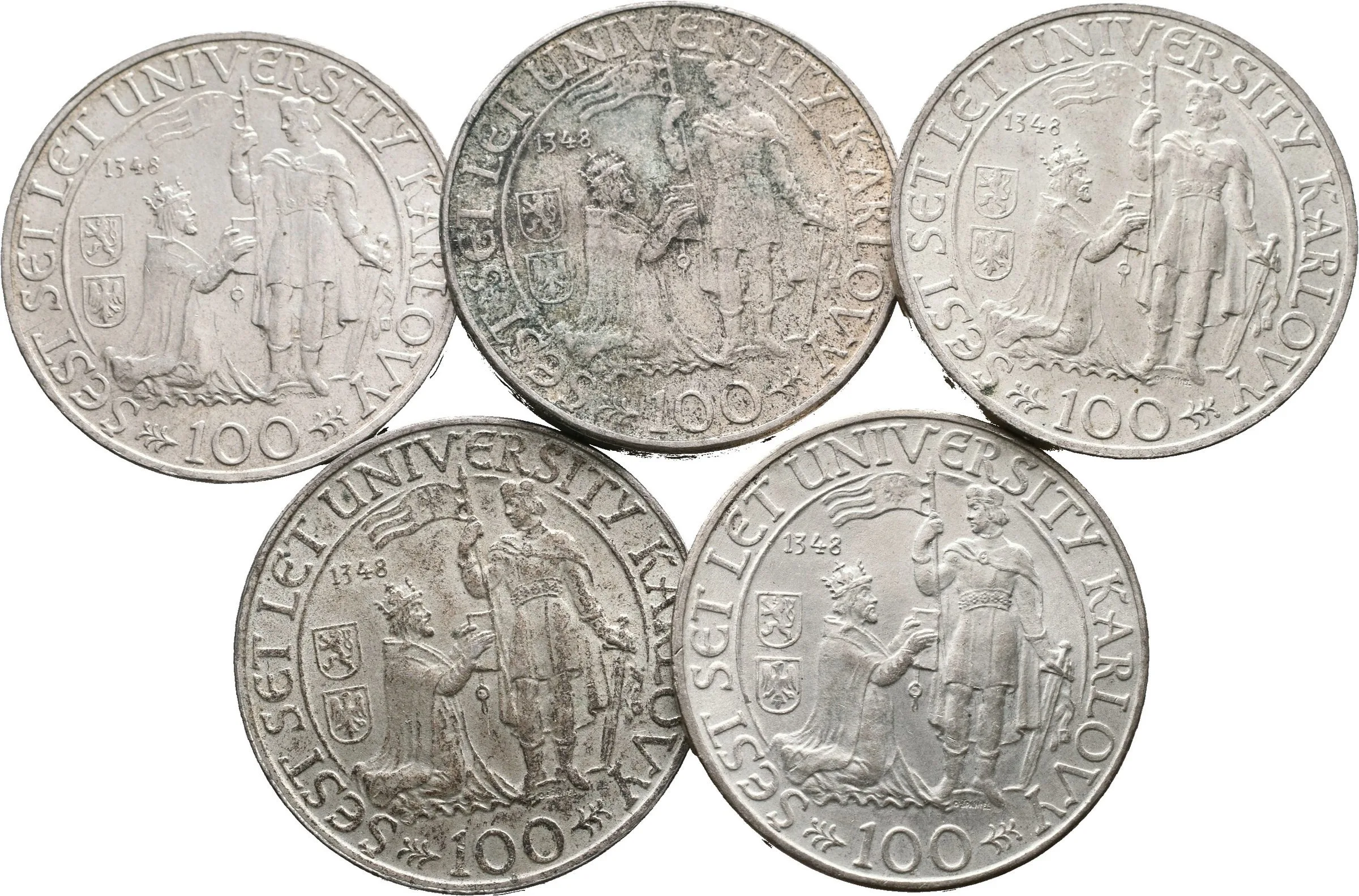 100 Kčs 1948 - Univerzita Karlova, pěkné zachovalosti, patina_5 ks — 1