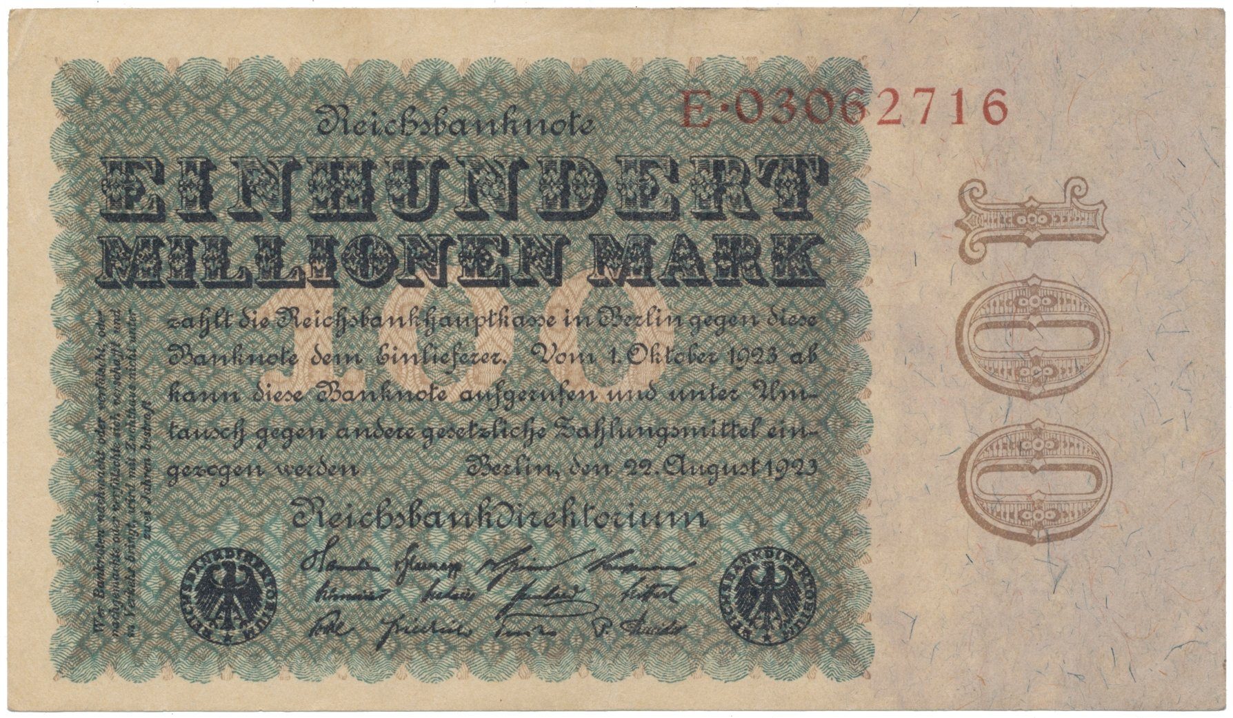 Německo, 100 Millionen Mark 1923, Eichenlaub, Ro.106a